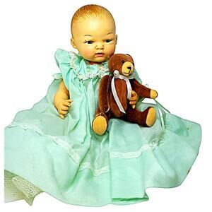 12" Vintage Sweet & Cuddly Horsman Bye Lo Baby Doll With Bed Bear & Bottle